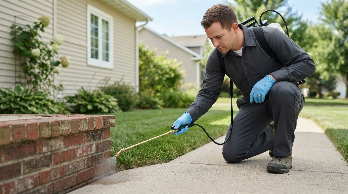 Pest control technician treating a home near Alex, OK