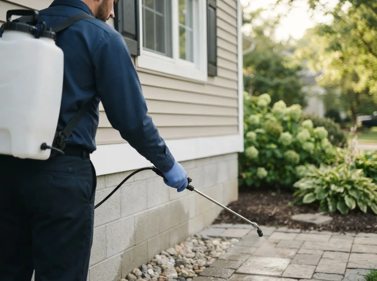 Pest control technician inspecting a home in Alex, OK